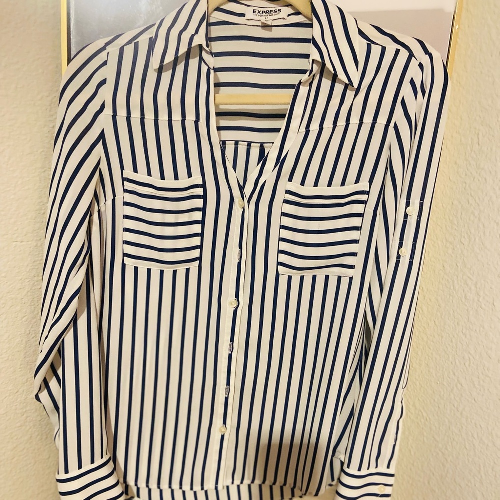 Express White and Blue Button Down Portofino Shirt with Notched Collar
